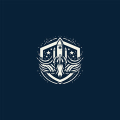 A futuristic spaceship logo featuring a spaceship design within a shield