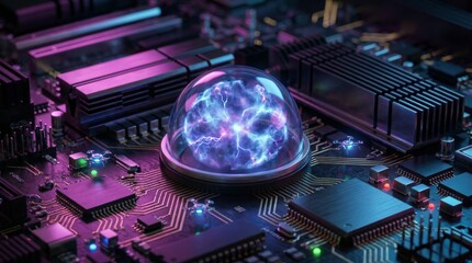 Futuristic circuit board with a vibrant glowing energy core and micro drones for advanced artificial intelligence concept and quantum computing technology