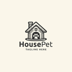 Cute and friendly pet house logo, featuring a house and animal paws