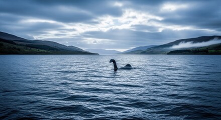 Fototapeta premium Mystical Loch Scenery with Submerged Creature Rising Amidst Misty Hills and Cloudy Skies