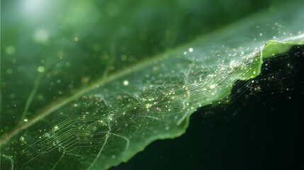 Close-up view of a leaf revealing intricate patterns resembling circuit designs