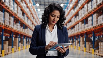 Focused businesswoman manages inventory and logistics operations using a tablet in a large modern warehouse facility