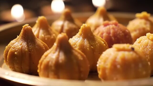 Modak with Indian sweet dessert, and gold plate.