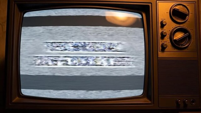 Vintage Television Nostalgia:  An old television set emits static, a visual echo of forgotten broadcasts and a bygone era. evoking feelings of nostalgia and memories.