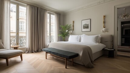 Fototapeta premium Modern bedroom with large windows and natural light in a city