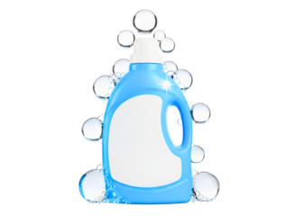 Blue laundry detergent bottle with soap bubbles around isolated on transparent background