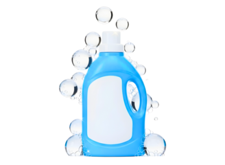 Blue laundry detergent bottle with bubbles around