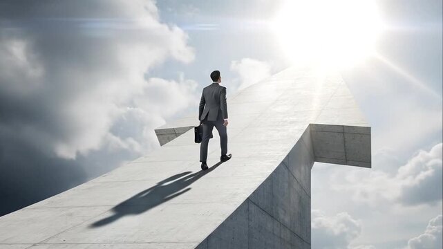 Ambitious Businessman Ascending Arrow Path Towards Bright Sunlit Sky, Symbolizing Career Success & Future Opportunities