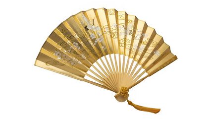 gold folding fan for celebrations, isolated on white or transparent background. PNG