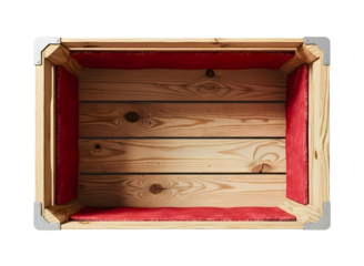 Wooden box with red velvet interior isolated on transparent background