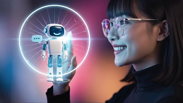 Young Asian Woman in Glasses Smiling at a Cute AI Robot Companion, Illuminated by a Futuristic Holographic Interface, Symbolizing Human-Robot Inter...