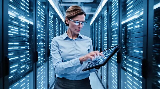 A woman in a blue shirt and glasses walks through a server room holding a laptop, with rows of servers on either side of her