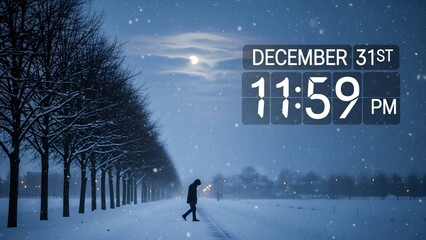 Person walking alone on snowy road at 11:59 PM on December 31st