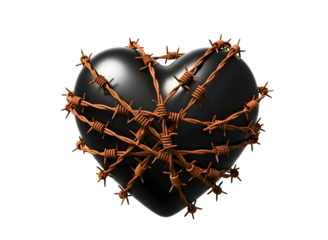 Black heart wrapped with barbed wire isolated on transparent background