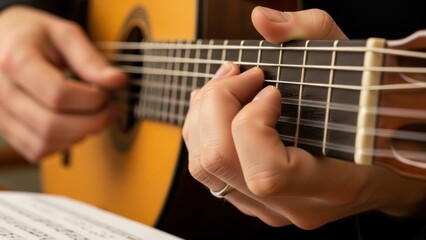 Obraz premium Close-up of hands playing an acoustic guitar with sheet music in soft focus.