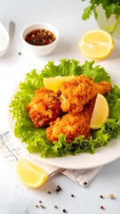 Crispy fried chicken on lettuce