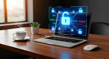 A laptop with a lock symbol on the screen, representing cyber security.