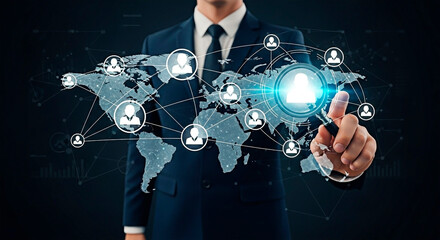 Business man analyzing a digital map with connection points for the concept of global network.