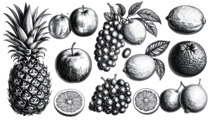 Detailed grayscale engraving of various fruits pineapple, apples, grapes, oranges, lemons