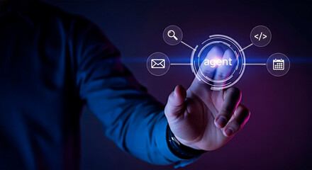 A person touching the virtual agent button for technology concepts.