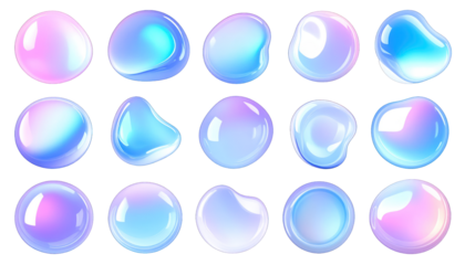 Fifteen iridescent, semi-transparent orbs float against a stark black background