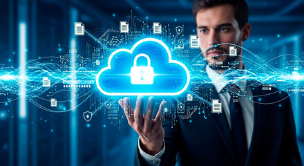 A man in suit holding the cloud for the concept of cloud computing and cybersecurity.