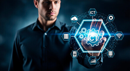 Man interacting with an innovative technology interface for the concept of futuristic networking.