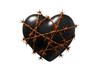 Black heart wrapped with thorns isolated on transparent background