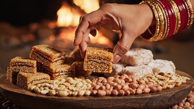 Woman's hand picking Indian sesame gajak from a rustic platter with peanuts by a warm fireplace for festive food concept and winter celebration