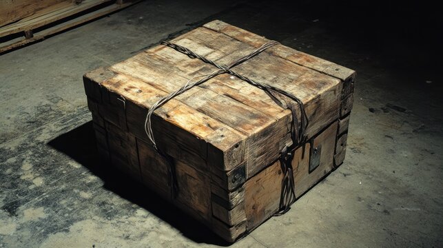 An intricately carved puzzle box of unknown wood, sealed with wires and a cryptic lead tag, hinting at illicit contents, on a gritty warehouse floor