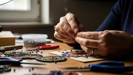 Fototapeta premium Close-up of a person's hands crafting a colorful beaded jewelry piece on a wooden work surface with