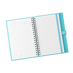Open spiral notebook with lined pages on transparent background