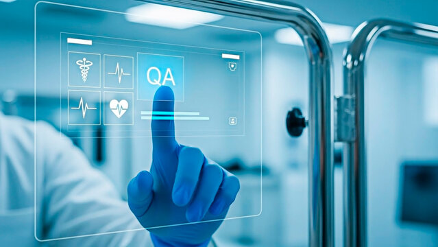 Quality assurance concept represented by hand touching screen for medical innovation.