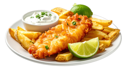 Plate of fish and chips, a lime slice, and tartar sauce. A close-up view
