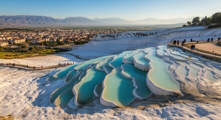 Fototapeta premium Pamukkale's mesmerizing terraces reflecting a turquoise glow and the city skyline