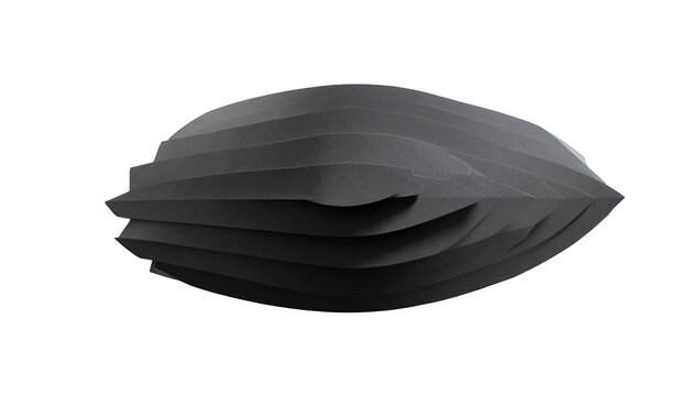 Abstract, dark gray, ribbed ellipsoid floats in blackness, highlighting its form