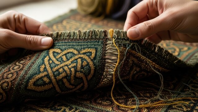 Close-up of hands repairing a Celtic patterned rug with yellow thread