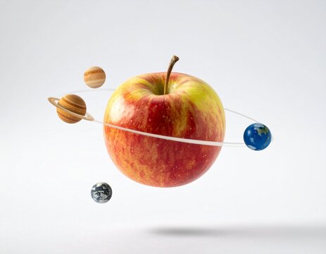 Surreal Floating Apple with Small Planets Orbiting