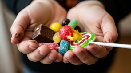 Close-up of cupped hands holding assorted colorful candies and chocolate against a blurred