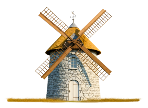 Old stone windmill with brown roof isolated on transparent background - Powered by Adobe