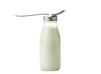 Glass bottle of milk with wire handle on cap