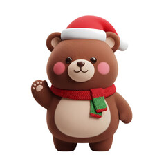 Naklejka premium Charming 3d cartoon bear in a festive holiday Santa hat and scarf, waving hello