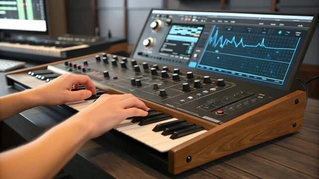 Professional MIDI Keyboard Controller with Integrated Display and Custom Wooden Stand for Music Production Studios