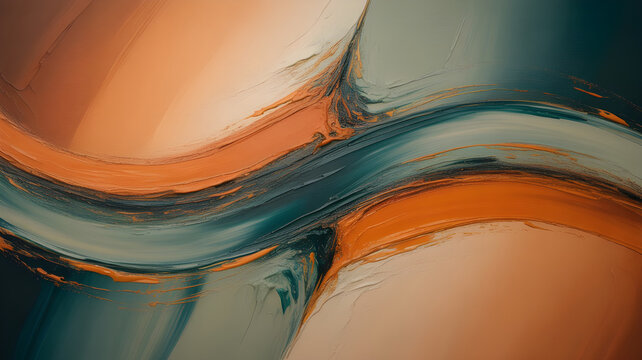 Contemporary abstract canvas art with expressive horizontal brush strokes, warm terracotta and cool teal color palette, layered paint texture, subtle scratches and imperfections