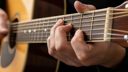 Obraz premium Close-up of a person's hands playing an acoustic guitar with a shallow depth of field.