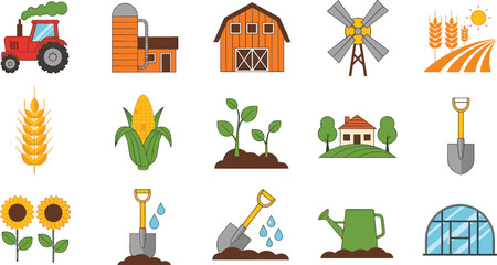 Agriculture farming icons set, tractor barn crops tools irrigation plants, rural countryside farming concept illustration isolated on white © Md