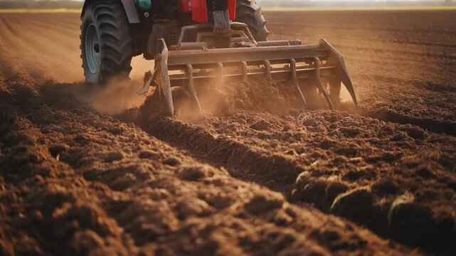 Tractor plowing a field, preparing the soil for planting crops, agriculture in action