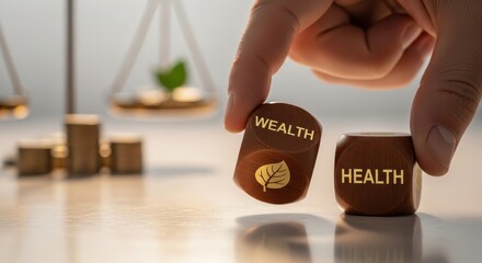 A person's hand strategically positions a wooden cube to symbolize the delicate balance between wealth and health, presenting a visually impactful and thought-provoking representation of well-being.