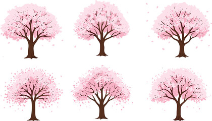 Cherry blossom tree illustration set, sakura spring trees collection, pink flowering tree elements, nature floral design © Md