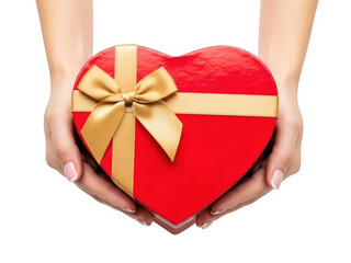 Hands holding a red heart shaped gift on transparent background